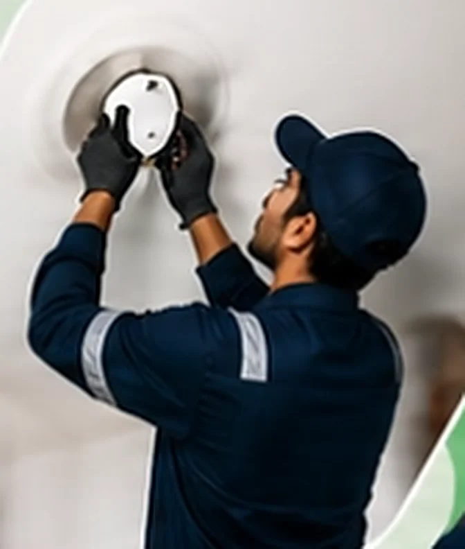 TMC technician fitting a ceiling light fixture during a scheduled electrical maintenance visit