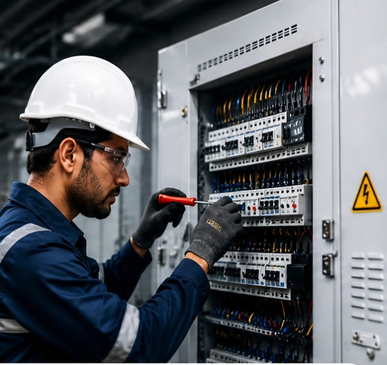 A TMC electrician servicing circuit breakers inside an LT distribution panel