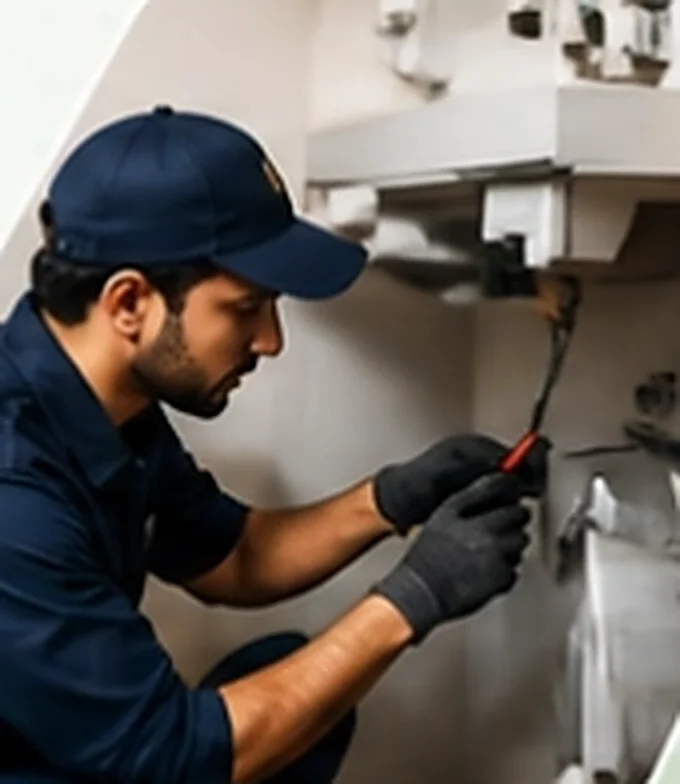 TMC plumber inspecting pipework and valves beneath a wall-mounted water unit